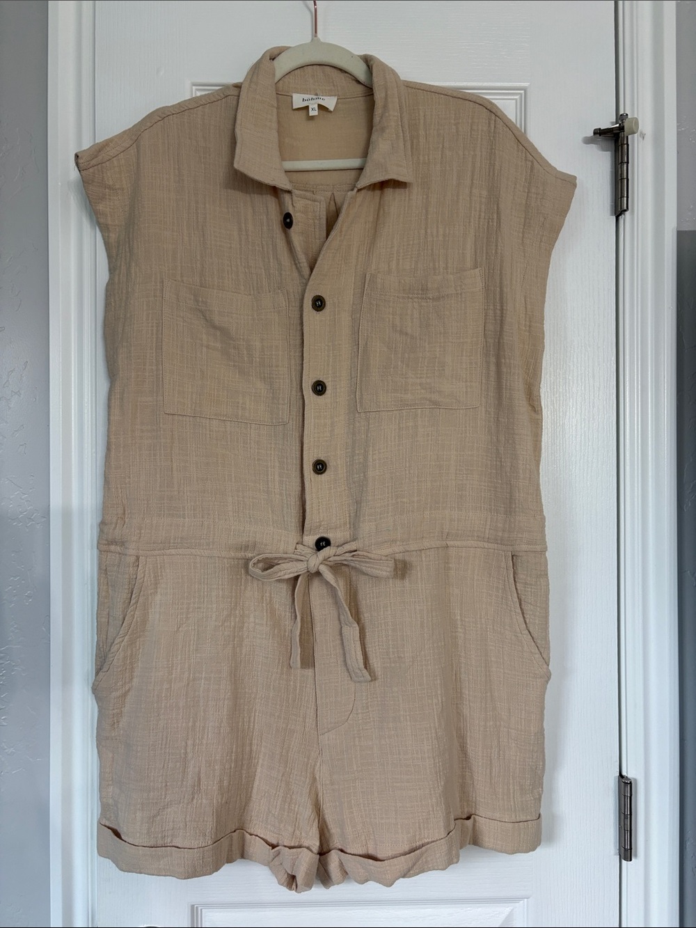 bohme Beige Button-Front Short-Sleeve Romper